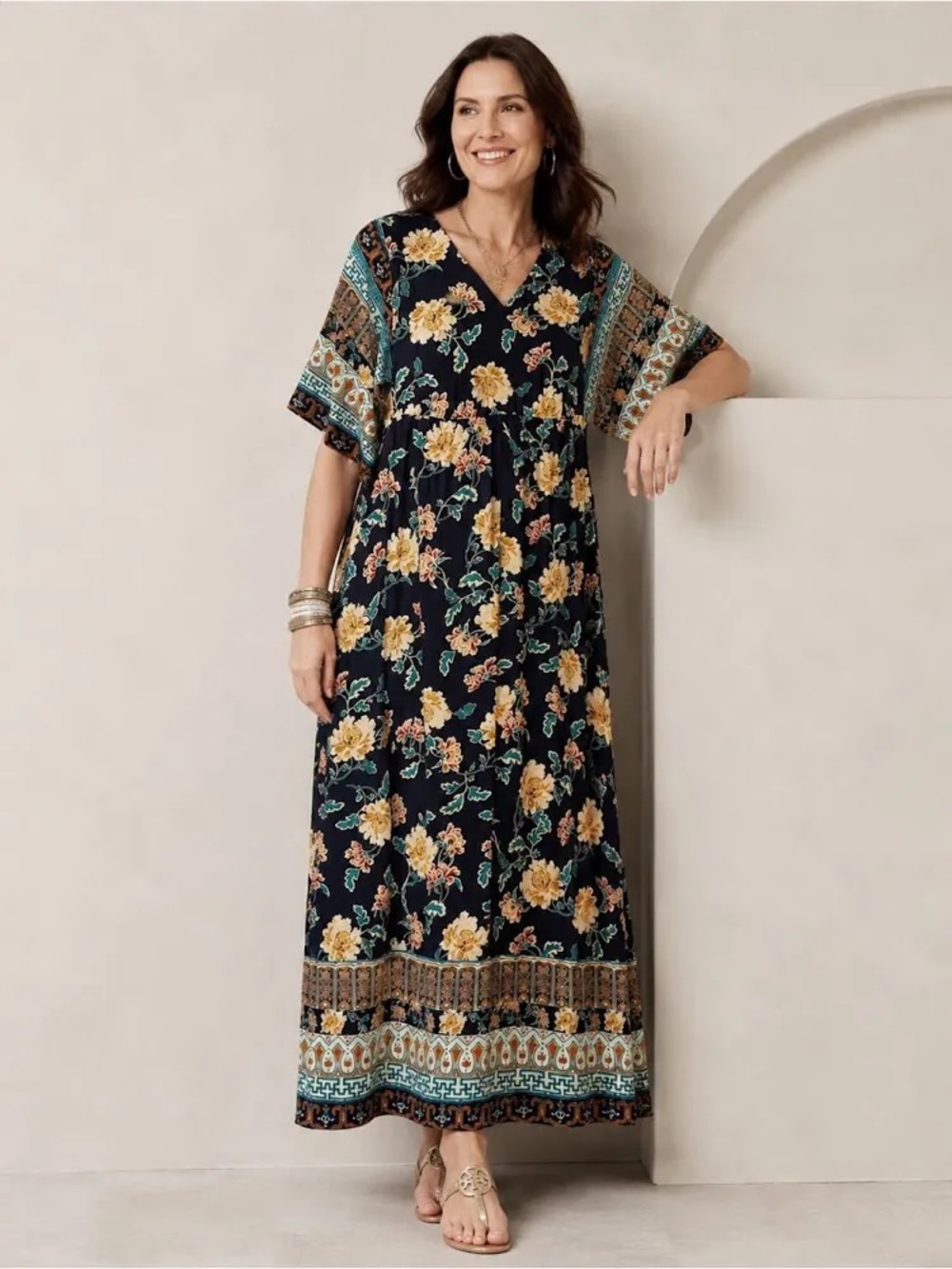 $160 Chico’s Kimono Maxi Dress Floral Aztec Patterns Size 0.5/ 6 NWT